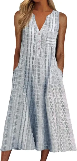 Women's Boho Floral Striped Polka Dot Tank Dress Summer V Neck Button Down Sleeveless Midi Dresses Casual Sundress