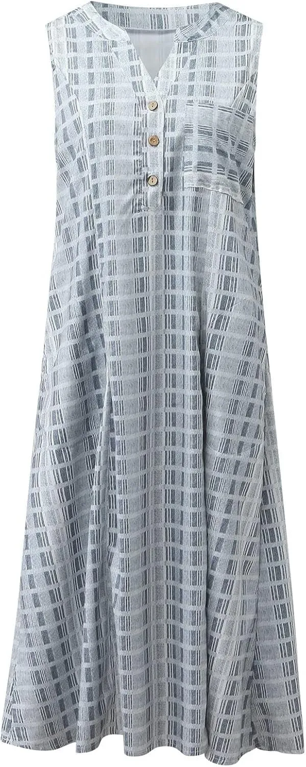 Women's Boho Floral Striped Polka Dot Tank Dress Summer V Neck Button Down Sleeveless Midi Dresses Casual Sundress
