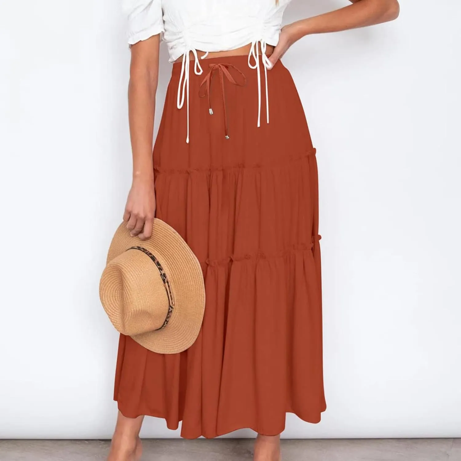 Womens Boho Maxi Skirt Elastic Waist A Line Ruffle Long Skirts Trendy Beach Midi Tiered Swing Skirts Flowy Skirt