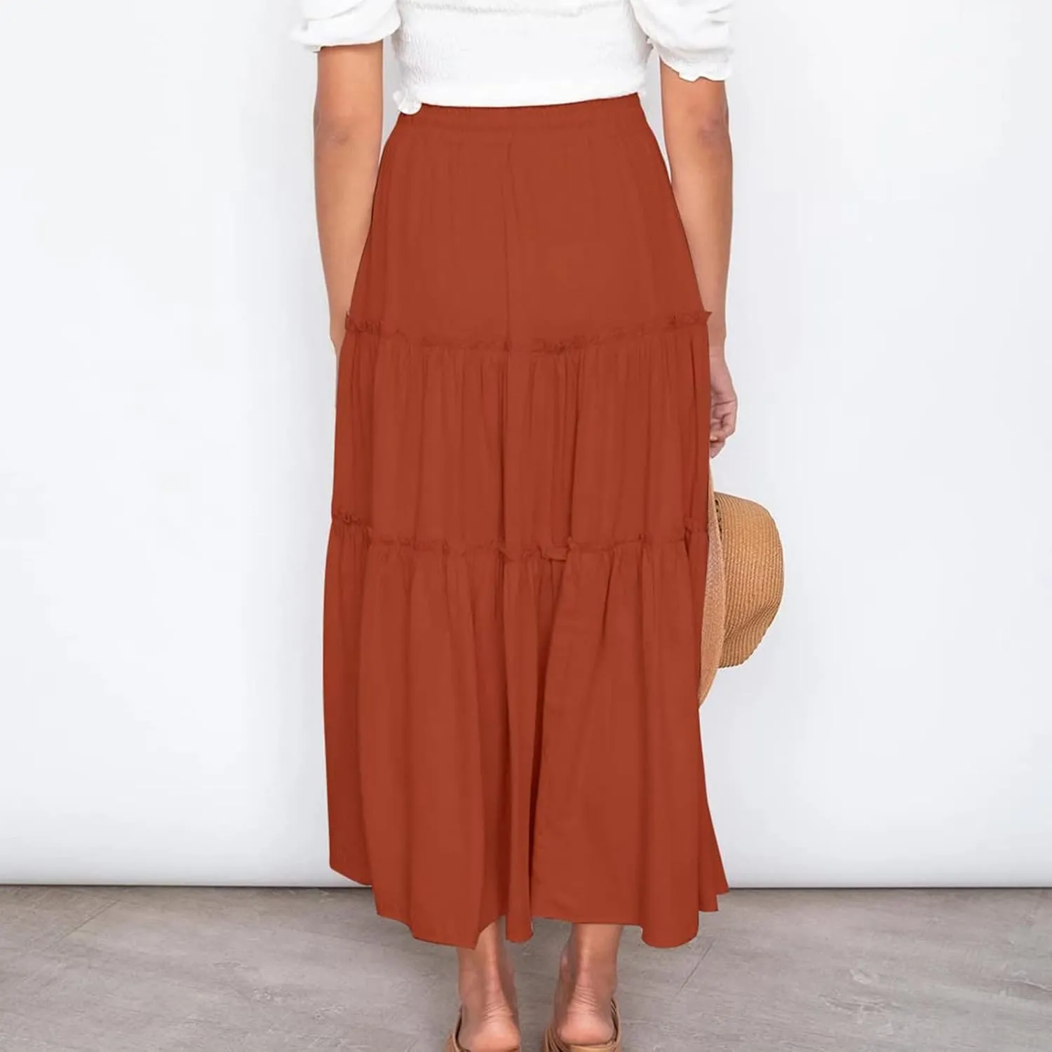 Womens Boho Maxi Skirt Elastic Waist A Line Ruffle Long Skirts Trendy Beach Midi Tiered Swing Skirts Flowy Skirt