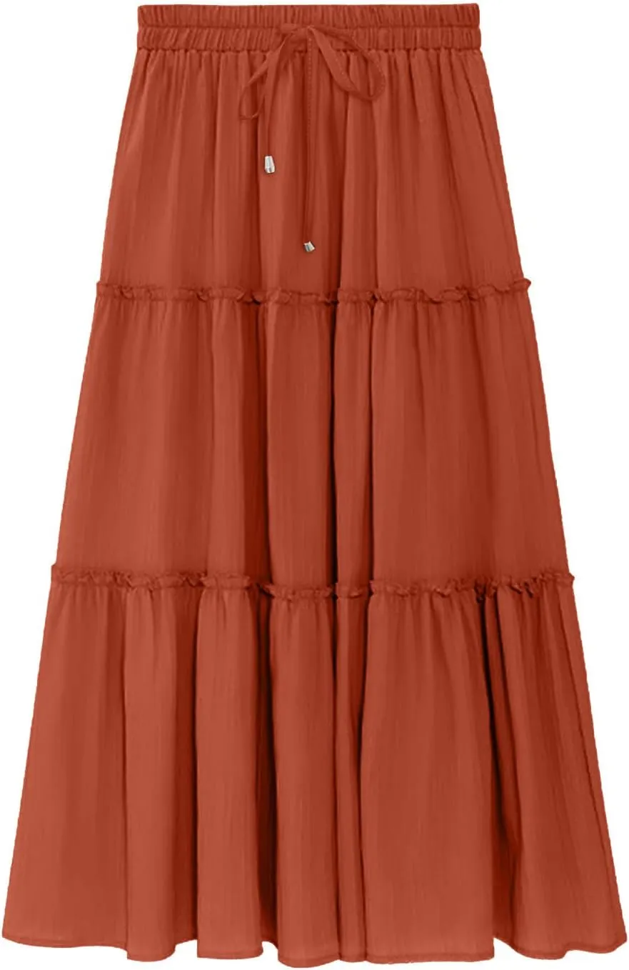 Womens Boho Maxi Skirt Elastic Waist A Line Ruffle Long Skirts Trendy Beach Midi Tiered Swing Skirts Flowy Skirt
