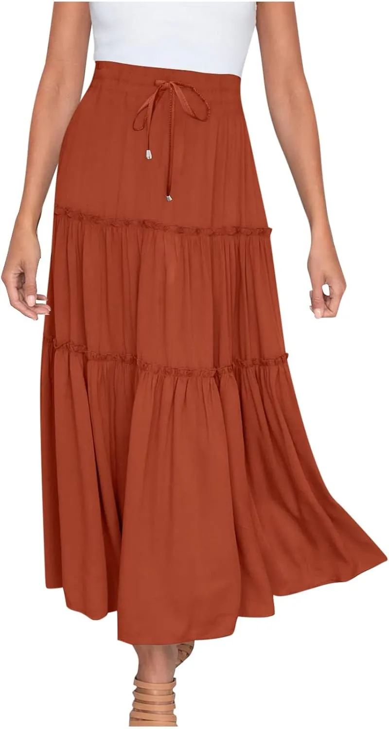 Womens Boho Maxi Skirt Elastic Waist A Line Ruffle Long Skirts Trendy Beach Midi Tiered Swing Skirts Flowy Skirt