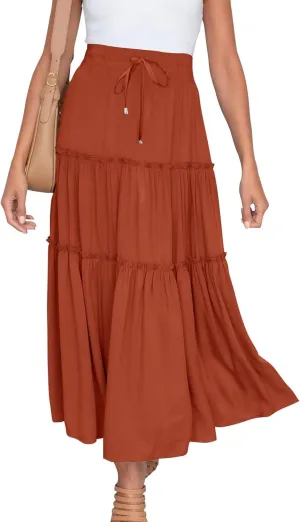 Womens Boho Maxi Skirt Elastic Waist A Line Ruffle Long Skirts Trendy Beach Midi Tiered Swing Skirts Flowy Skirt