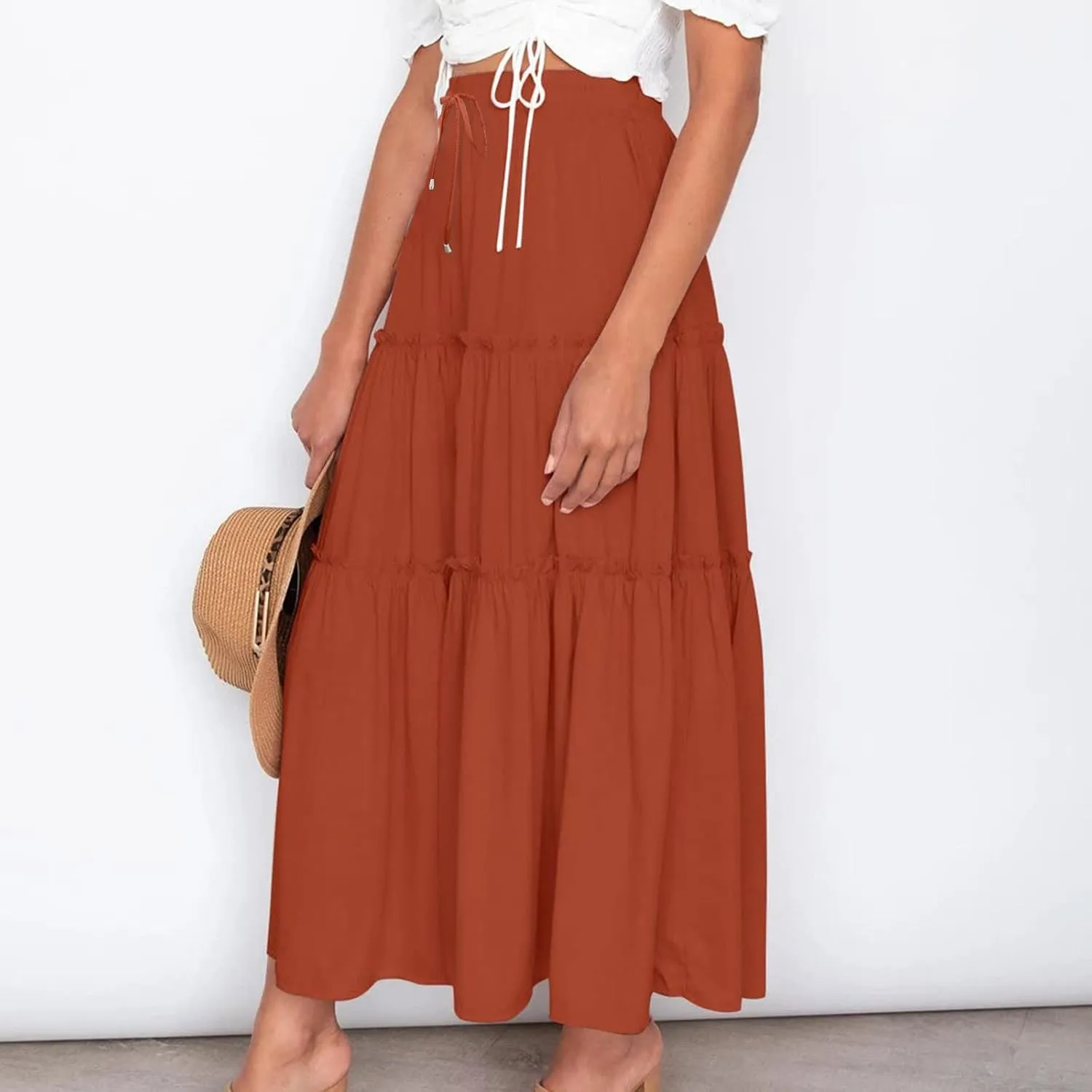 Womens Boho Maxi Skirt Elastic Waist A Line Ruffle Long Skirts Trendy Beach Midi Tiered Swing Skirts Flowy Skirt