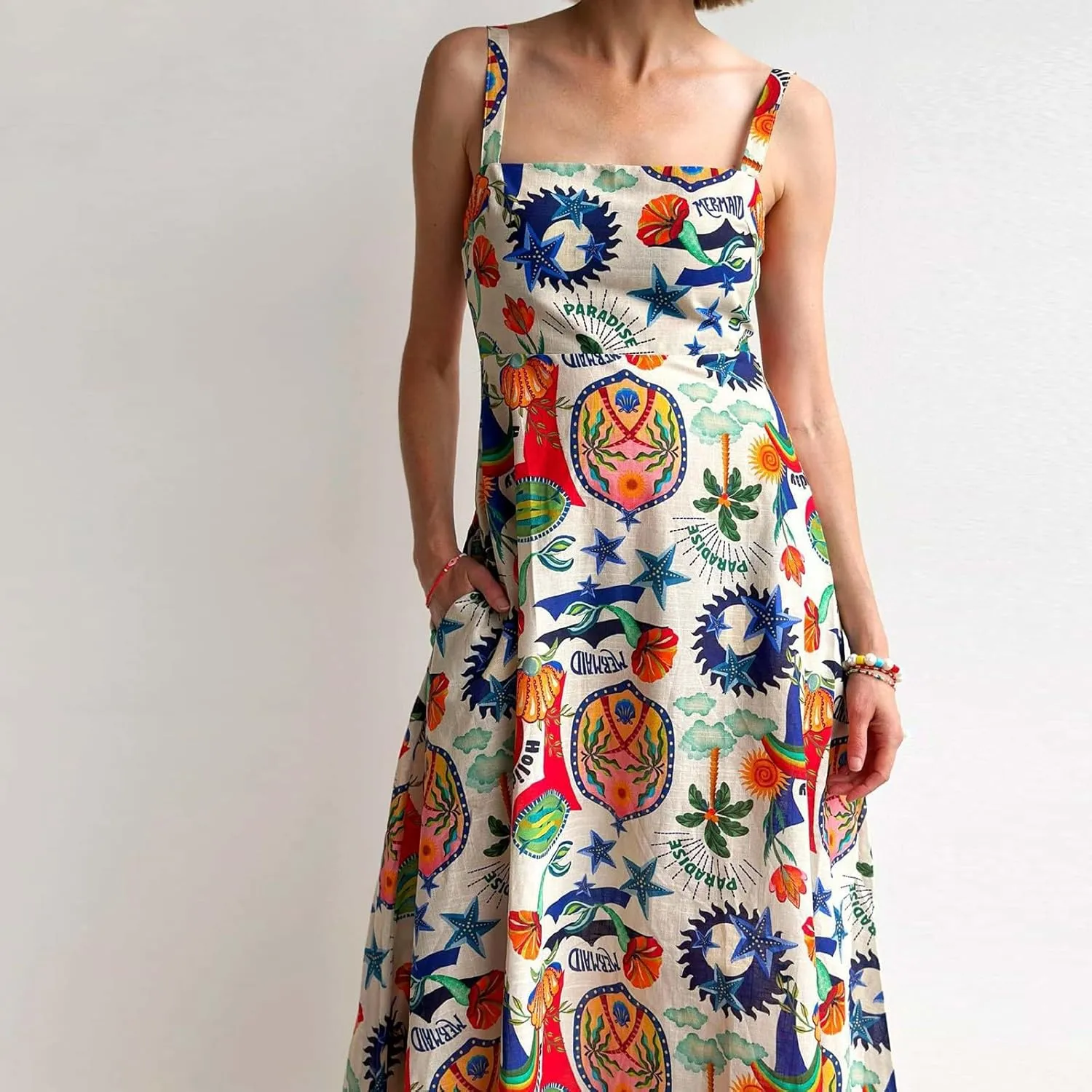 Women's Boho Tie Shoulder Dress Y2k Floral Long Flowy Maxi Dresses Cute Summer Smocked Picnic Beach Cami Sundress