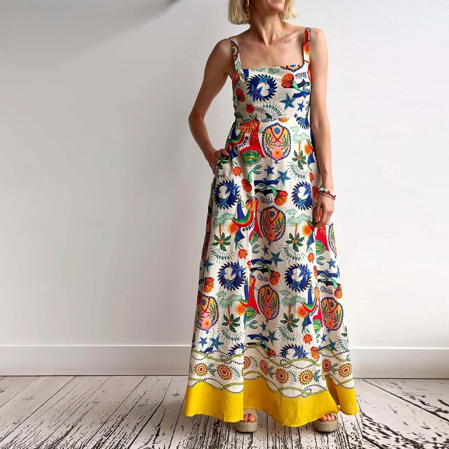 Women's Boho Tie Shoulder Dress Y2k Floral Long Flowy Maxi Dresses Cute Summer Smocked Picnic Beach Cami Sundress