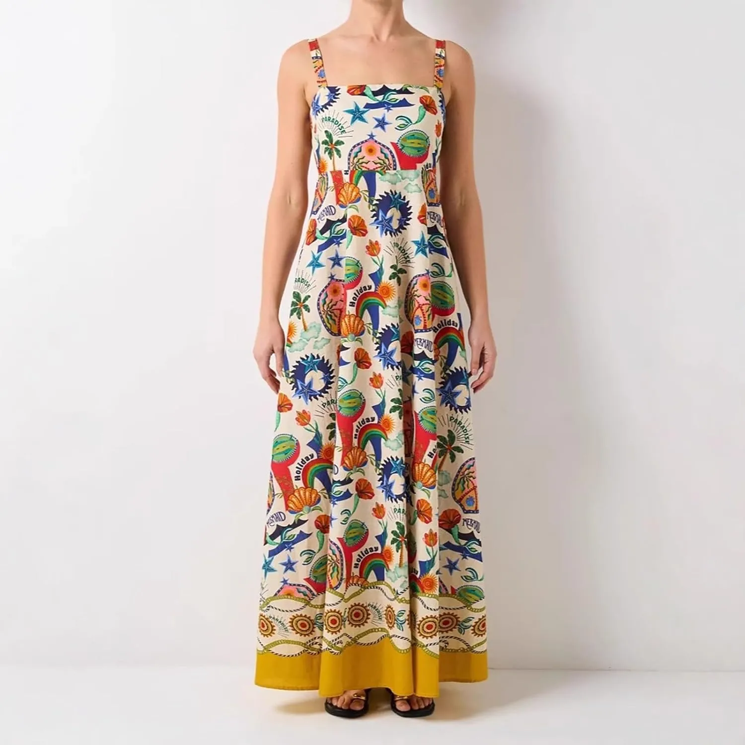 Women's Boho Tie Shoulder Dress Y2k Floral Long Flowy Maxi Dresses Cute Summer Smocked Picnic Beach Cami Sundress