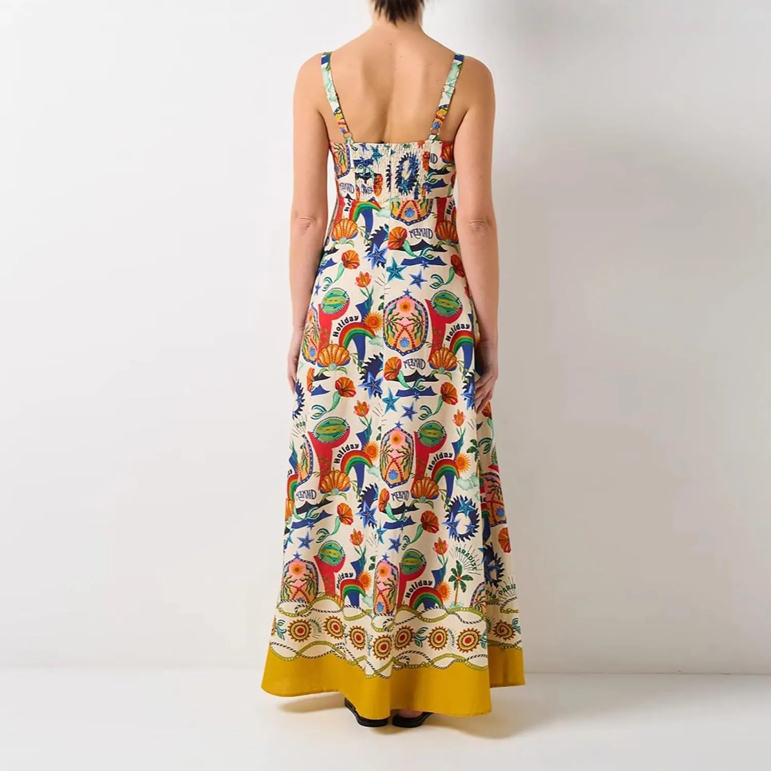 Women's Boho Tie Shoulder Dress Y2k Floral Long Flowy Maxi Dresses Cute Summer Smocked Picnic Beach Cami Sundress