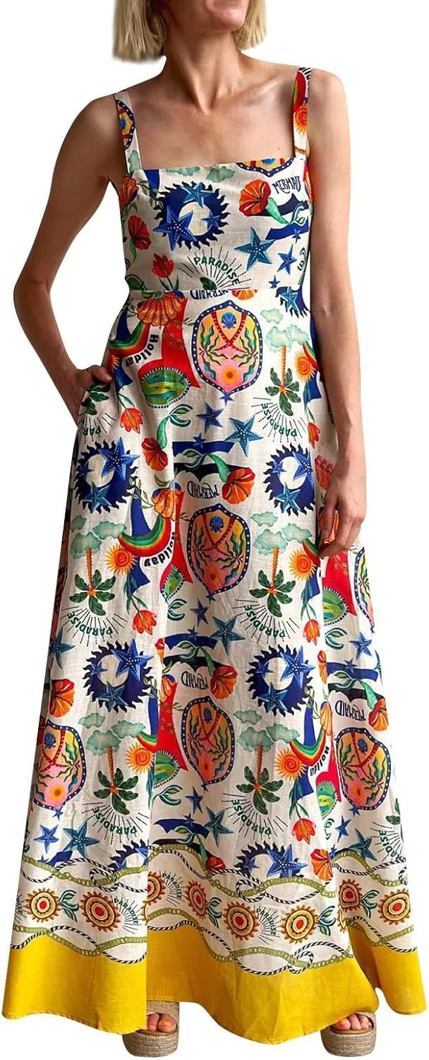 Women's Boho Tie Shoulder Dress Y2k Floral Long Flowy Maxi Dresses Cute Summer Smocked Picnic Beach Cami Sundress
