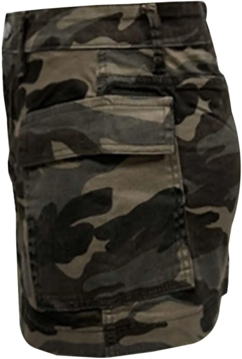 Womens Camo Denim Cargo Skirt with Pockets High Waisted Button Mini Skirt Y2k Trendy Slim Fit Distressed Bodycon Jean Skirts