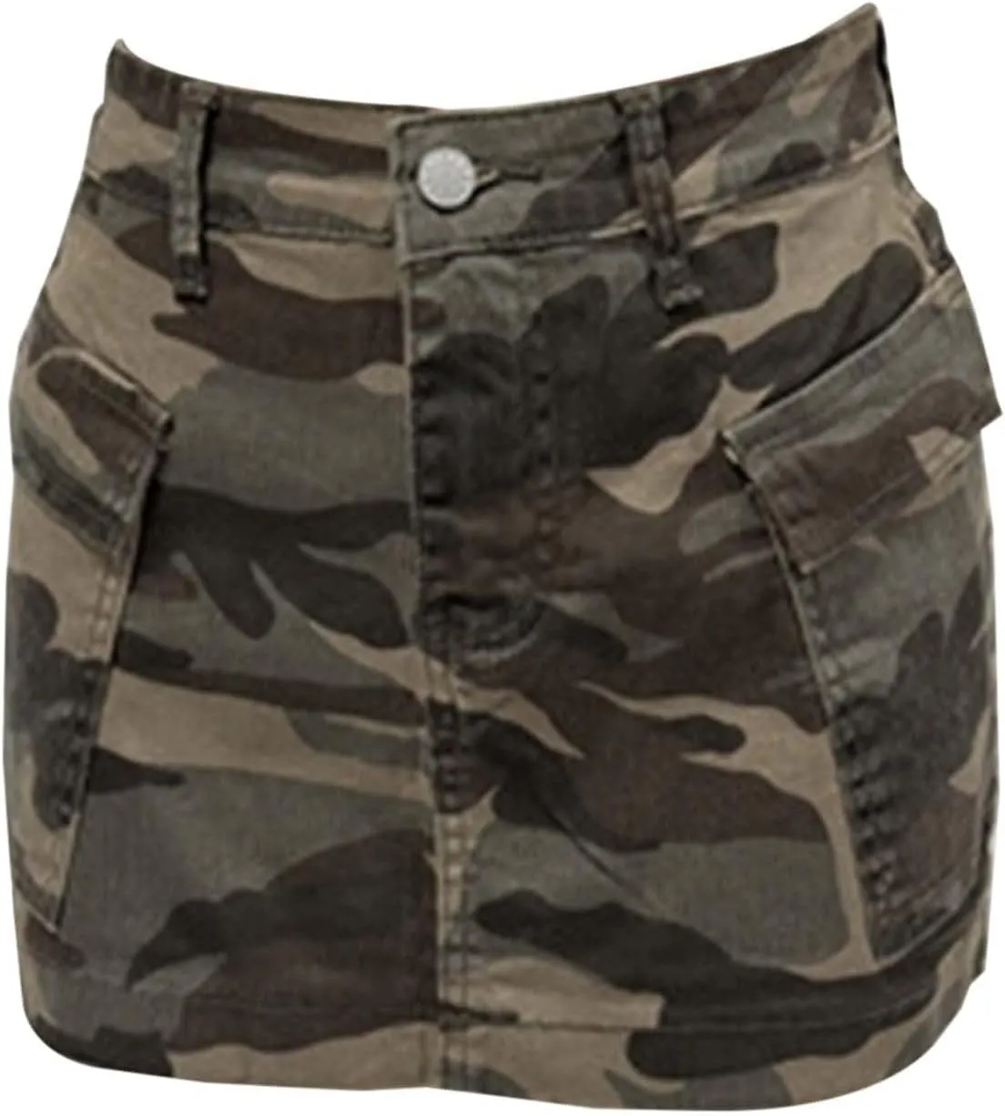 Womens Camo Denim Cargo Skirt with Pockets High Waisted Button Mini Skirt Y2k Trendy Slim Fit Distressed Bodycon Jean Skirts