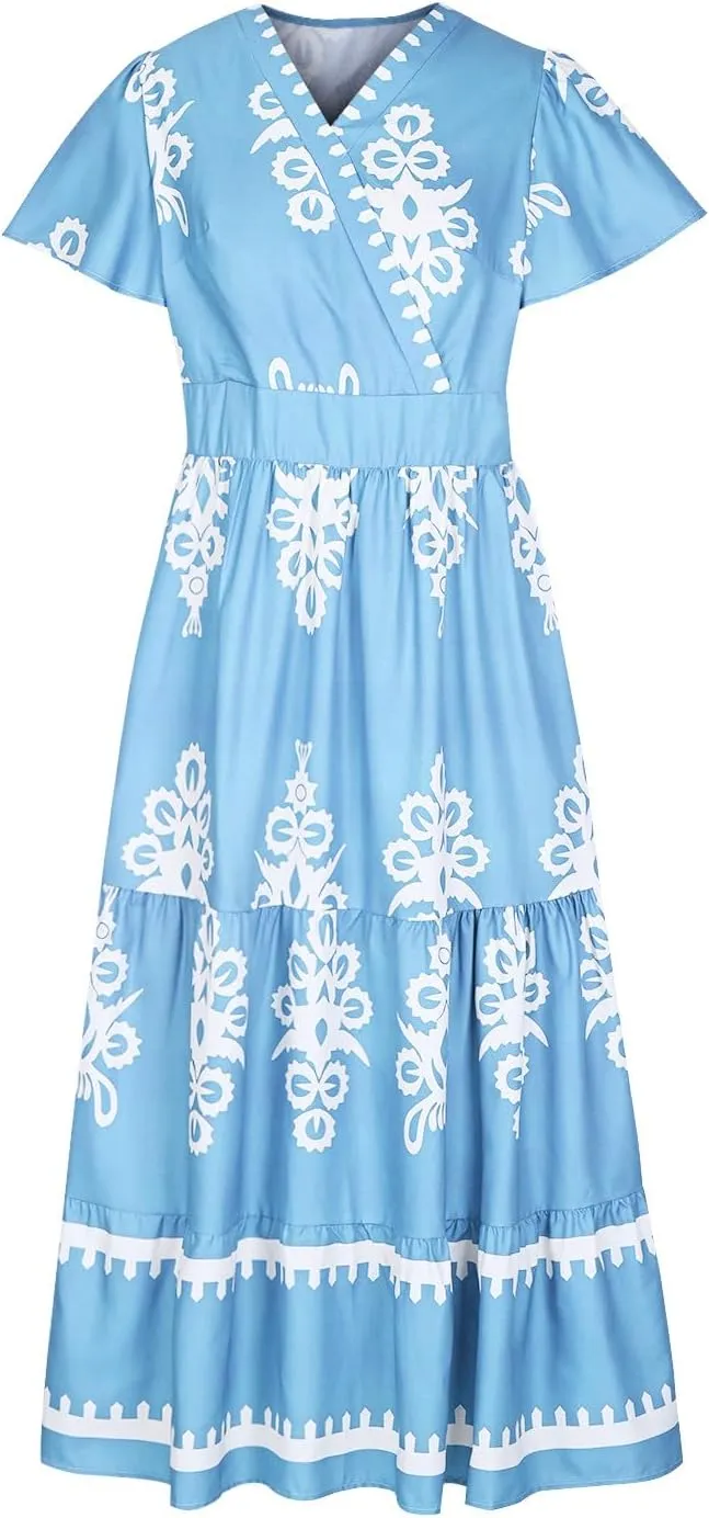 Women's Casual Boho Maxi Dresses Summer V Neck Short Sleeve Floral Print Dress Flowy Beach Sundress with Pockets