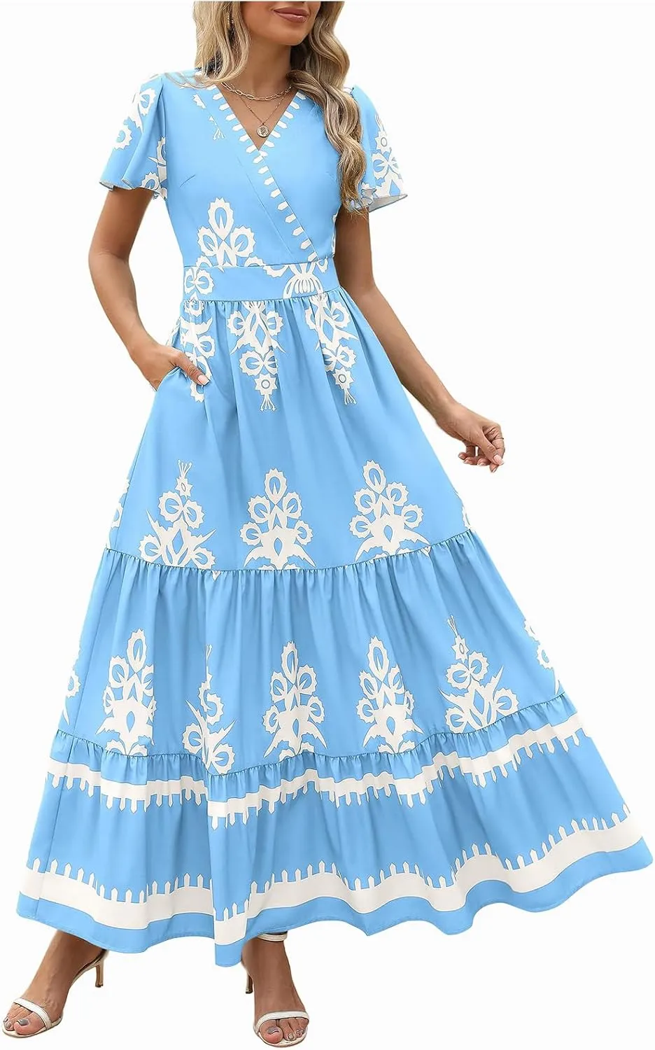 Women's Casual Boho Maxi Dresses Summer V Neck Short Sleeve Floral Print Dress Flowy Beach Sundress with Pockets