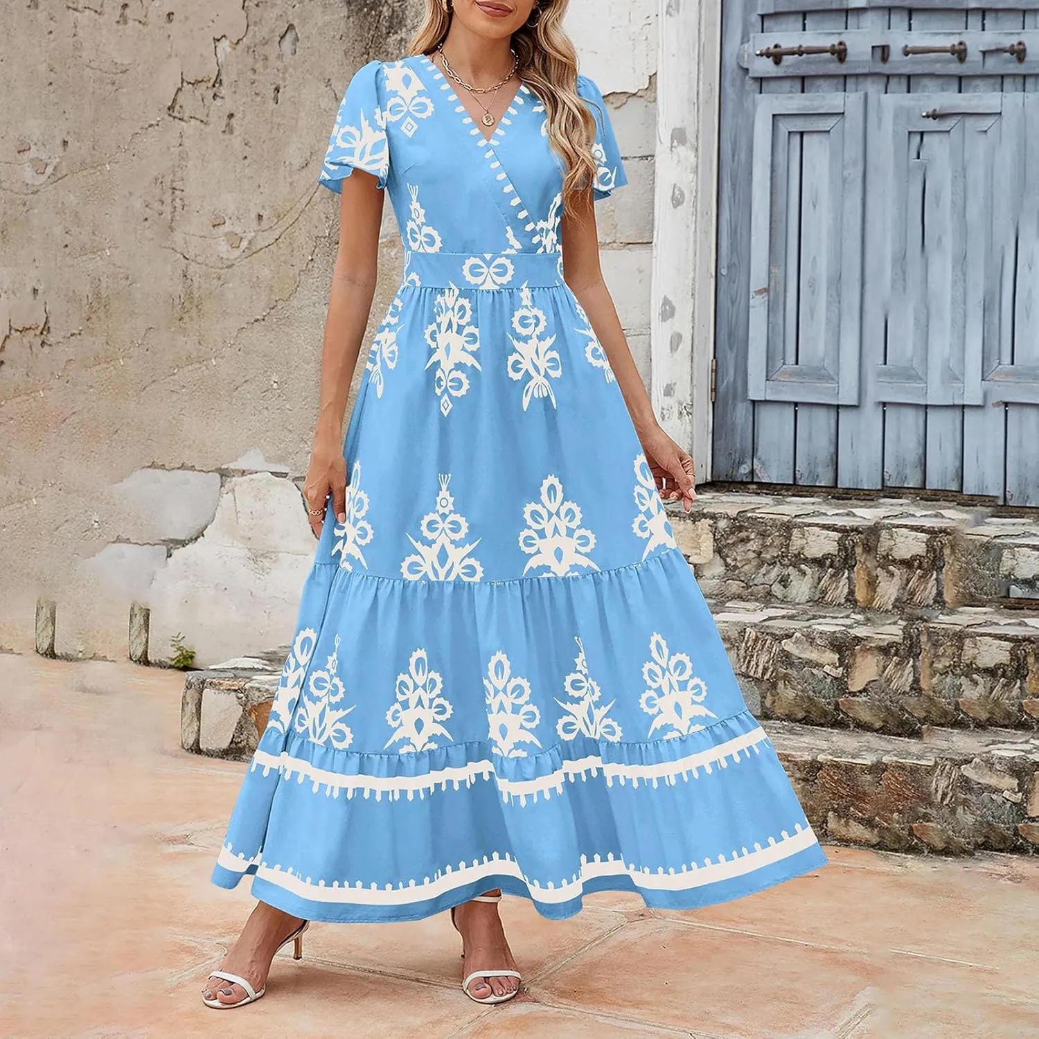 Women's Casual Boho Maxi Dresses Summer V Neck Short Sleeve Floral Print Dress Flowy Beach Sundress with Pockets