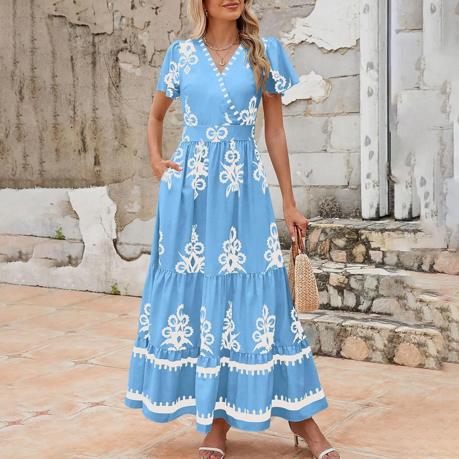 Women's Casual Boho Maxi Dresses Summer V Neck Short Sleeve Floral Print Dress Flowy Beach Sundress with Pockets
