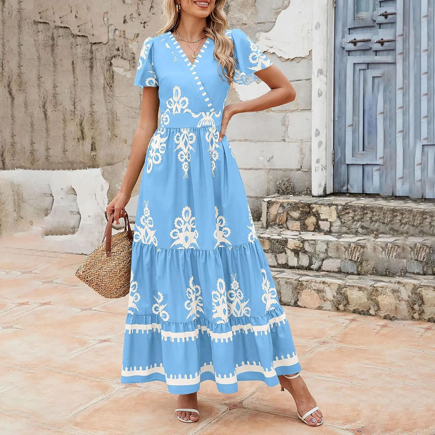 Women's Casual Boho Maxi Dresses Summer V Neck Short Sleeve Floral Print Dress Flowy Beach Sundress with Pockets