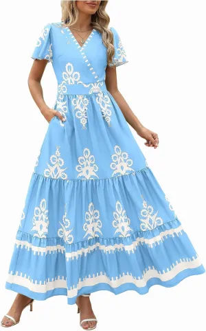 Women's Casual Boho Maxi Dresses Summer V Neck Short Sleeve Floral Print Dress Flowy Beach Sundress with Pockets