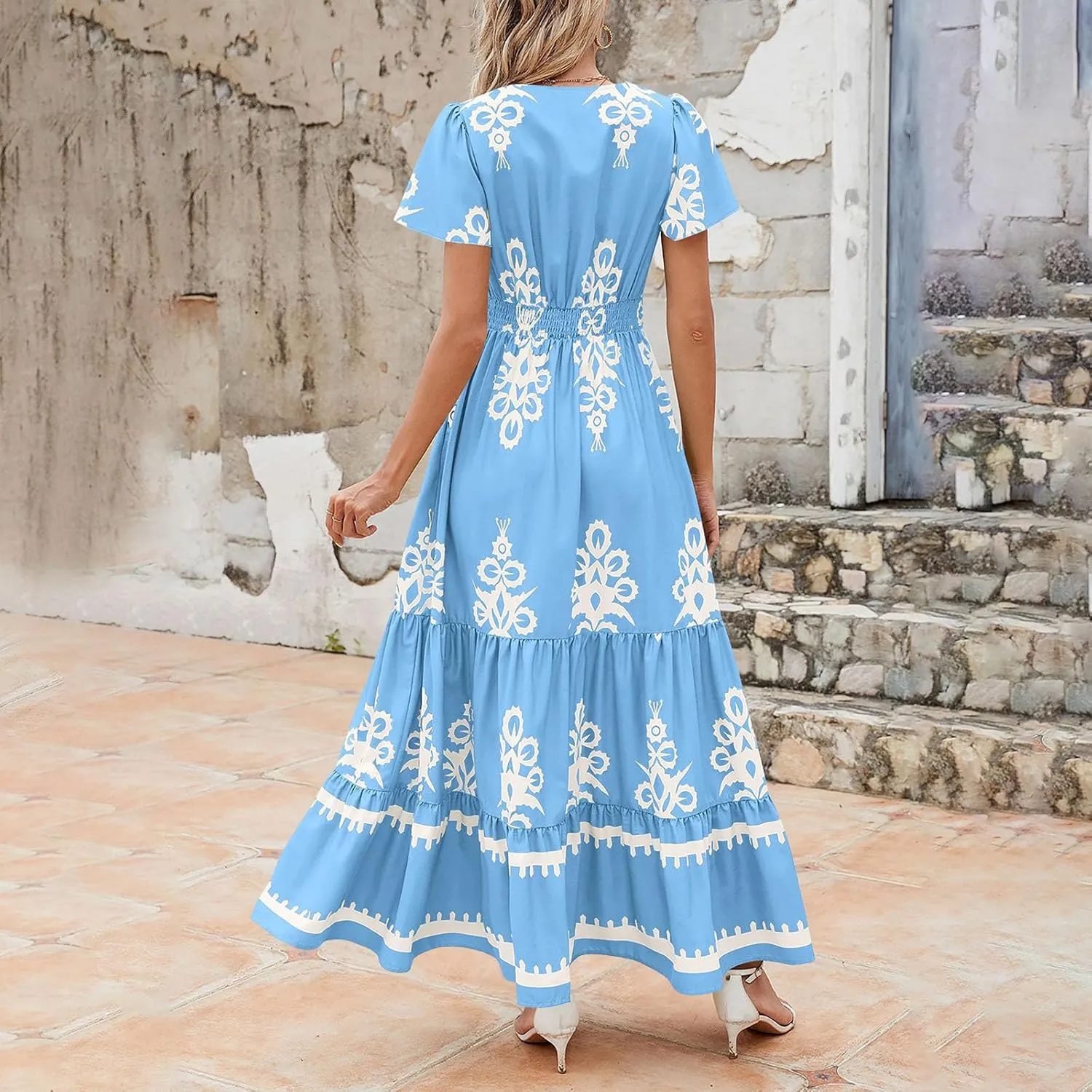 Women's Casual Boho Maxi Dresses Summer V Neck Short Sleeve Floral Print Dress Flowy Beach Sundress with Pockets