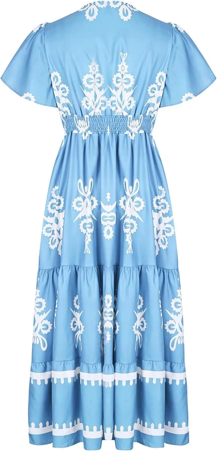 Women's Casual Boho Maxi Dresses Summer V Neck Short Sleeve Floral Print Dress Flowy Beach Sundress with Pockets