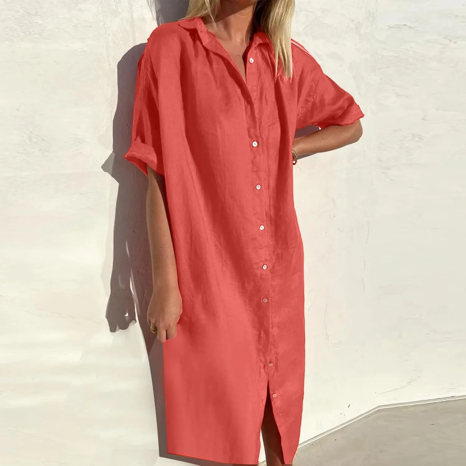 Women's Casual Cotton Linen Shirt Dress Button Down Short Sleeve Lapel V Neck Summer Loose Fit Beach Midi Dresses