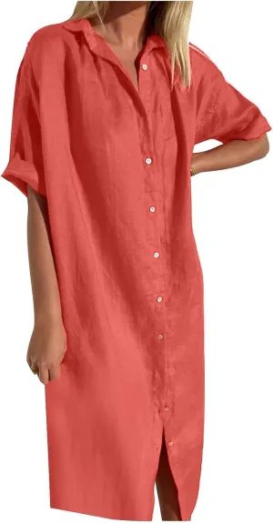 Women's Casual Cotton Linen Shirt Dress Button Down Short Sleeve Lapel V Neck Summer Loose Fit Beach Midi Dresses
