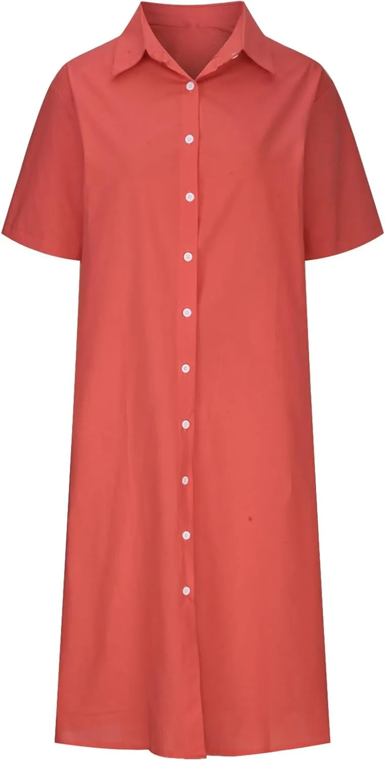 Women's Casual Cotton Linen Shirt Dress Button Down Short Sleeve Lapel V Neck Summer Loose Fit Beach Midi Dresses