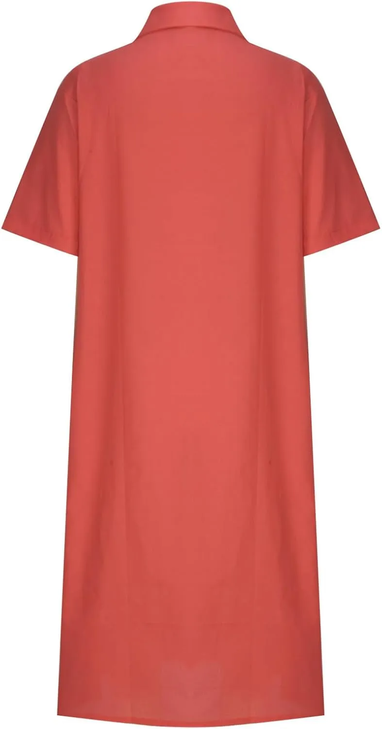 Women's Casual Cotton Linen Shirt Dress Button Down Short Sleeve Lapel V Neck Summer Loose Fit Beach Midi Dresses