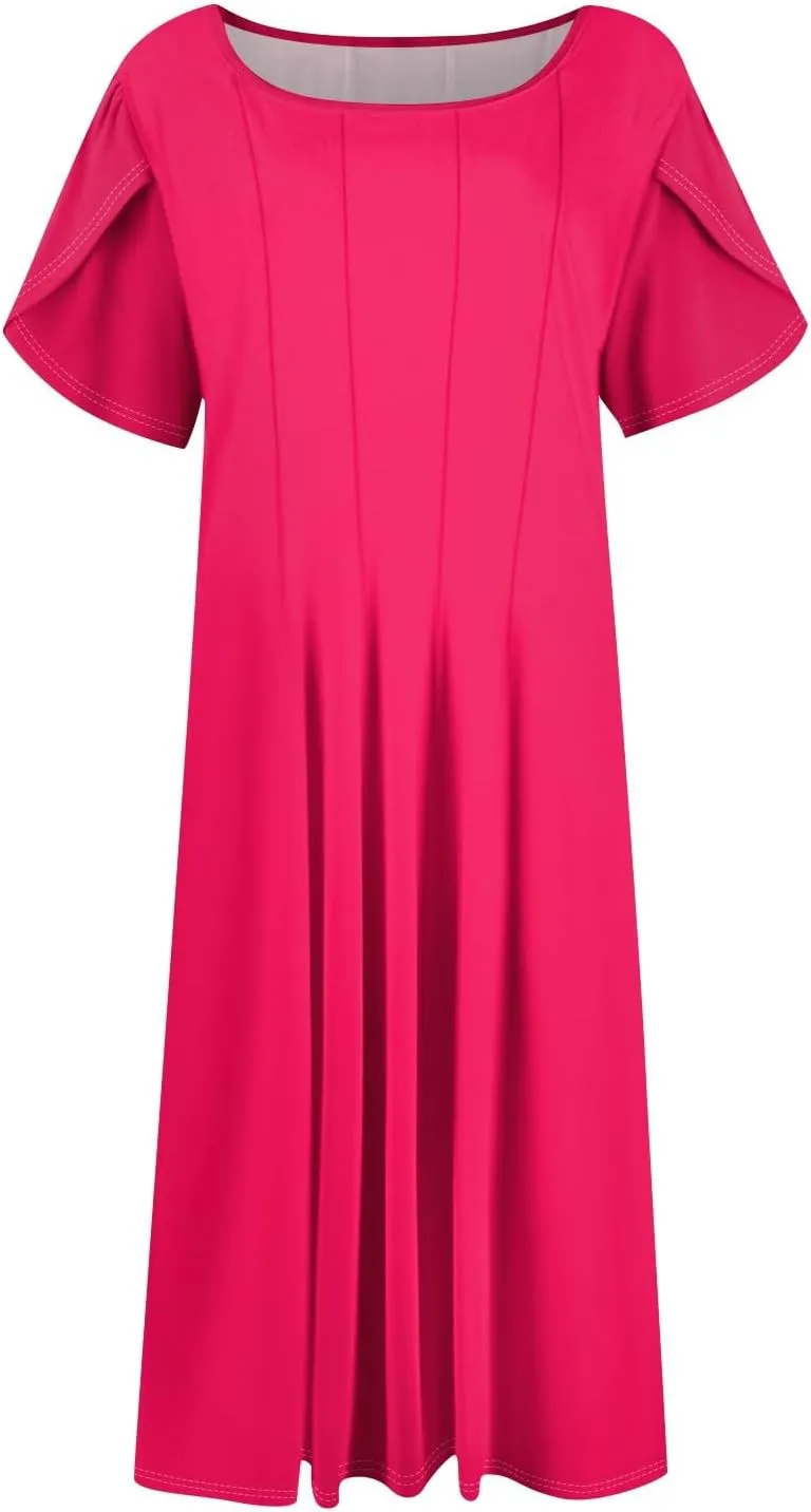 Womens Casual Dress for Summer Solid/Floral Short Sleeve Pleated T-Shirt Dress Loose Beach Midi Sundress with Pockets