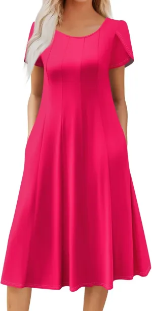 Womens Casual Dress for Summer Solid/Floral Short Sleeve Pleated T-Shirt Dress Loose Beach Midi Sundress with Pockets