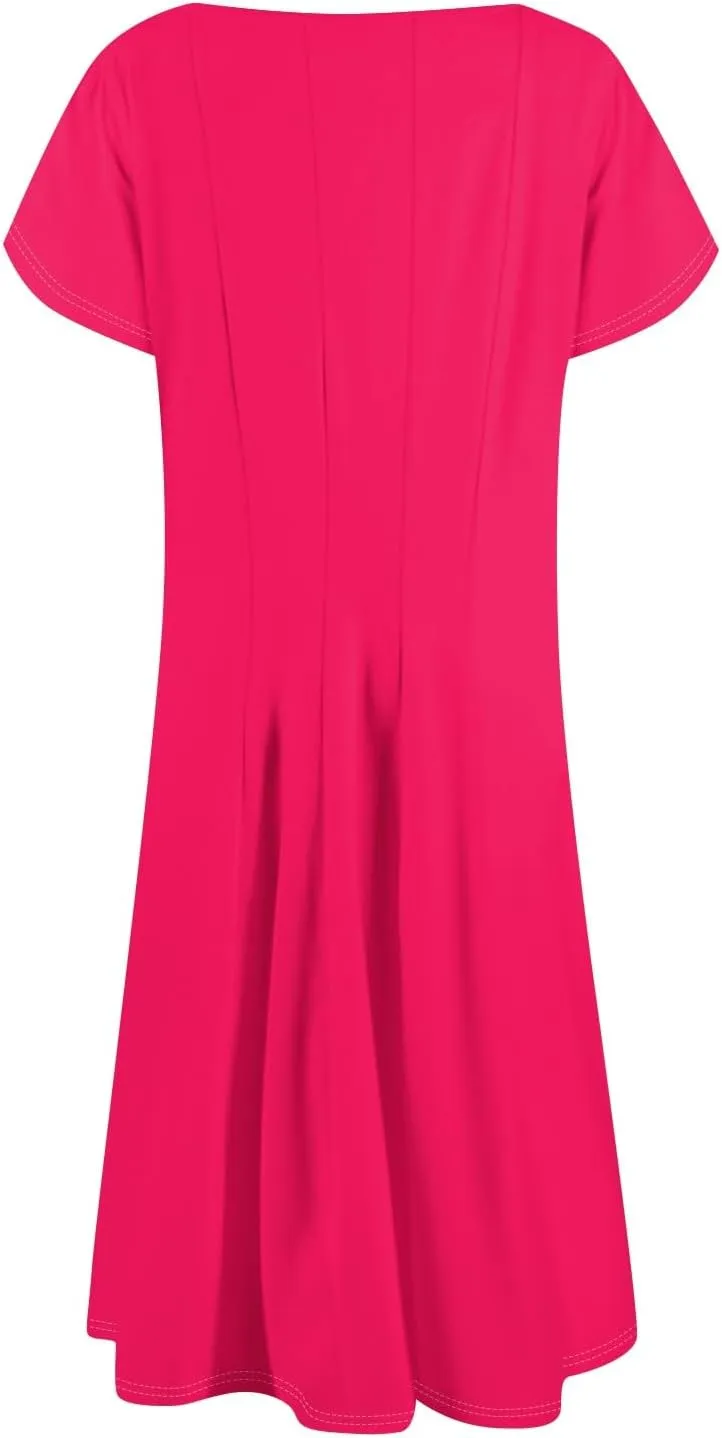 Womens Casual Dress for Summer Solid/Floral Short Sleeve Pleated T-Shirt Dress Loose Beach Midi Sundress with Pockets