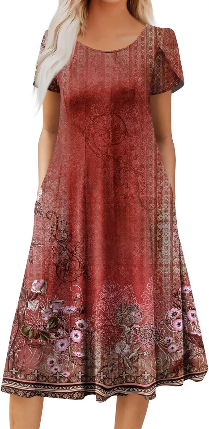 Womens Casual Dress for Summer Solid/Floral Short Sleeve Pleated T-Shirt Dress Loose Beach Midi Sundress with Pockets