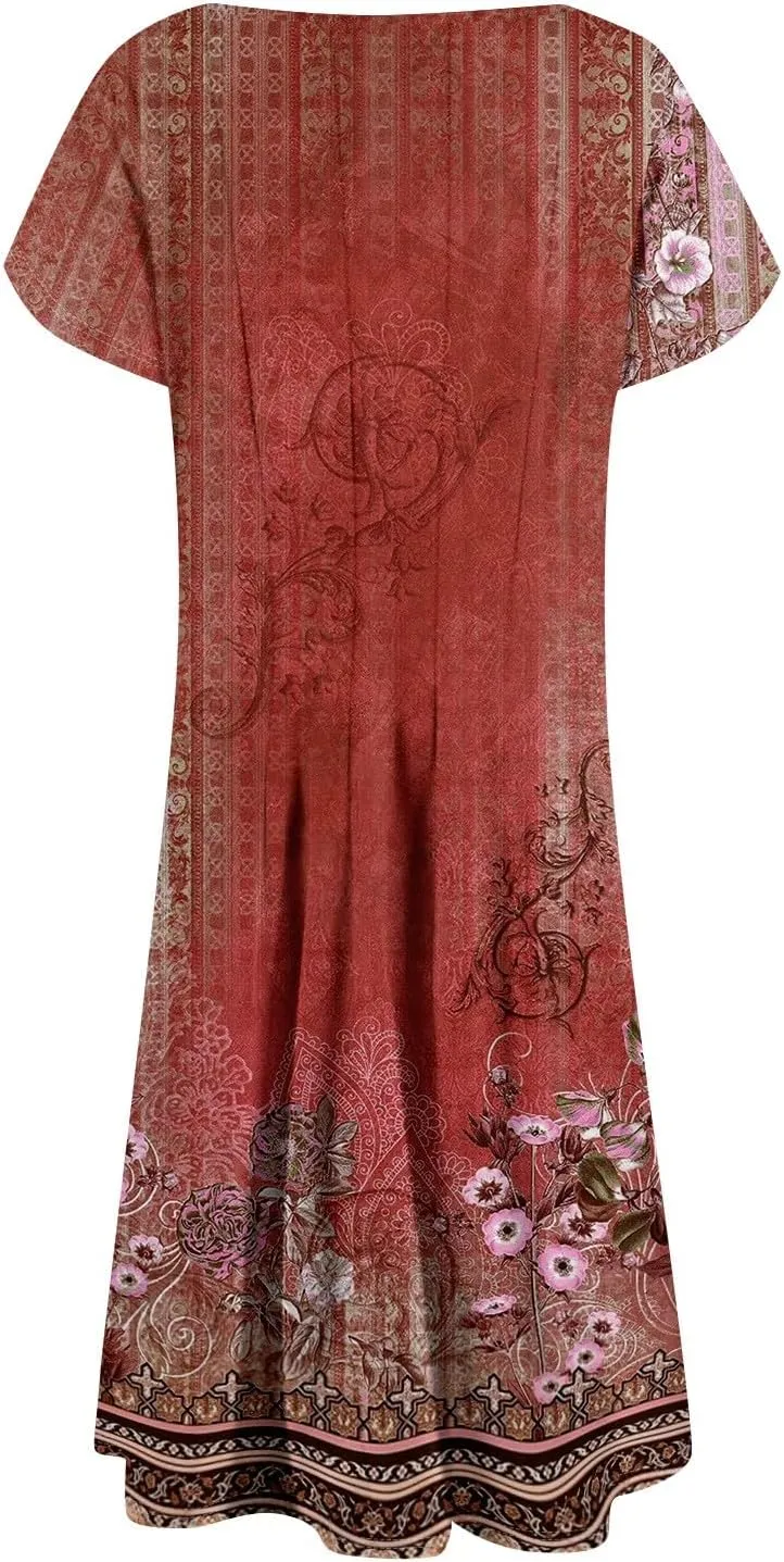 Womens Casual Dress for Summer Solid/Floral Short Sleeve Pleated T-Shirt Dress Loose Beach Midi Sundress with Pockets