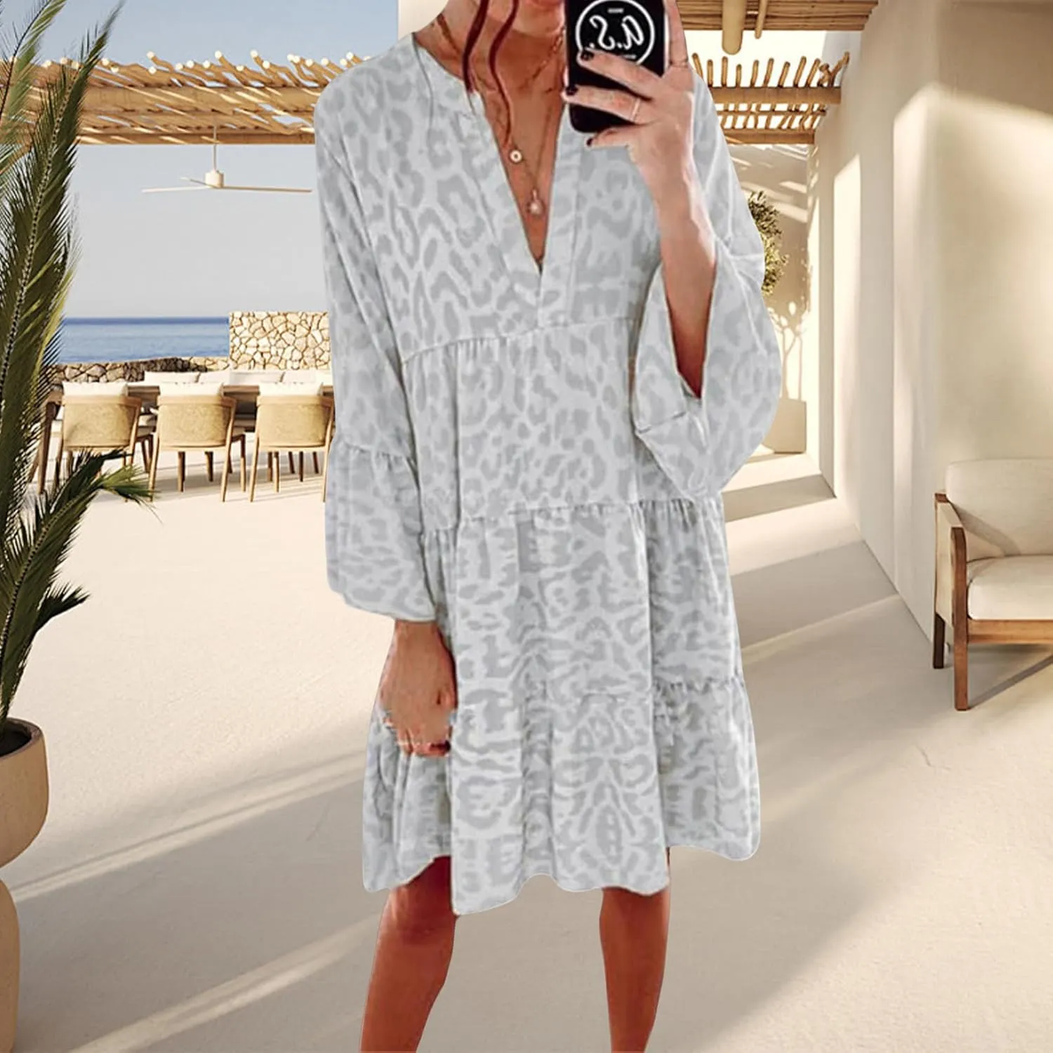 Womens Casual Dresses Print Puff Long Sleeve V Neck Ruffle A Line Dress Bohemian Flowy Summer Beach Sundress
