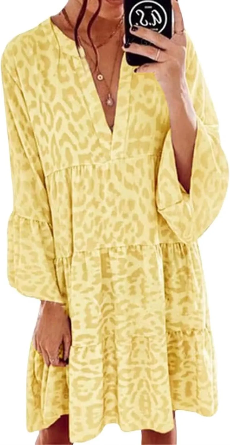 Womens Casual Dresses Print Puff Long Sleeve V Neck Ruffle A Line Dress Bohemian Flowy Summer Beach Sundress