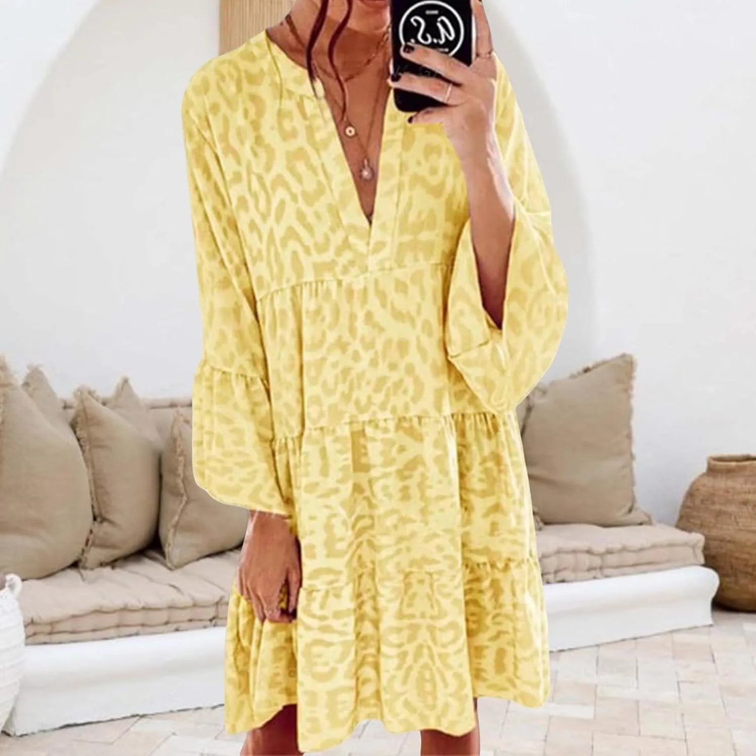 Womens Casual Dresses Print Puff Long Sleeve V Neck Ruffle A Line Dress Bohemian Flowy Summer Beach Sundress