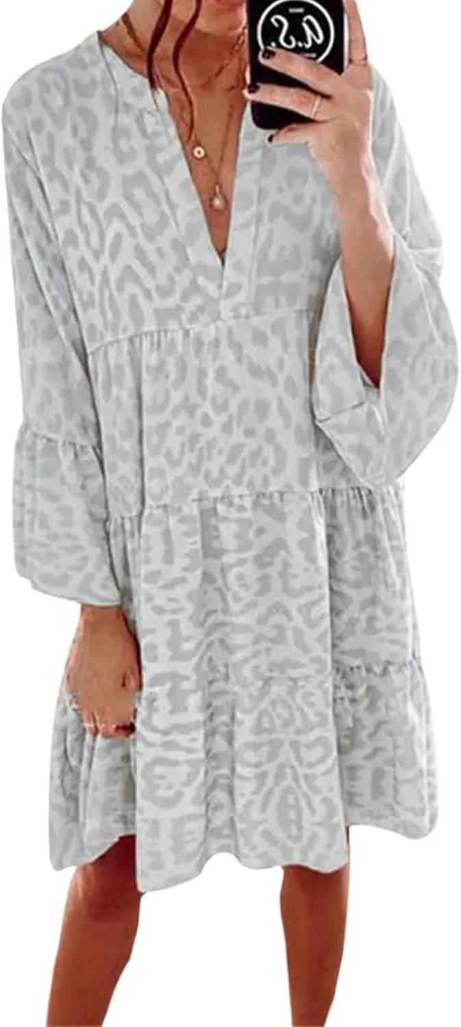 Womens Casual Dresses Print Puff Long Sleeve V Neck Ruffle A Line Dress Bohemian Flowy Summer Beach Sundress