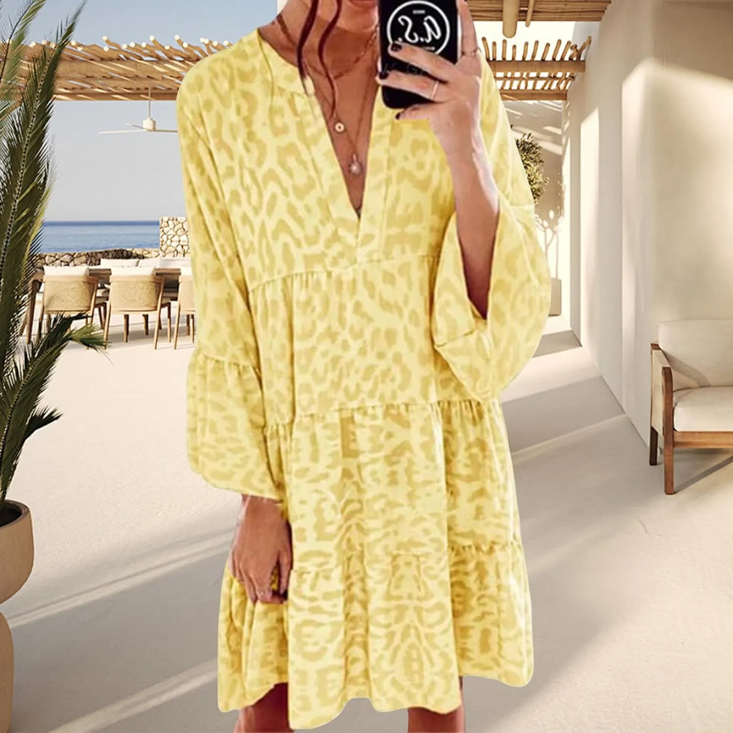 Womens Casual Dresses Print Puff Long Sleeve V Neck Ruffle A Line Dress Bohemian Flowy Summer Beach Sundress