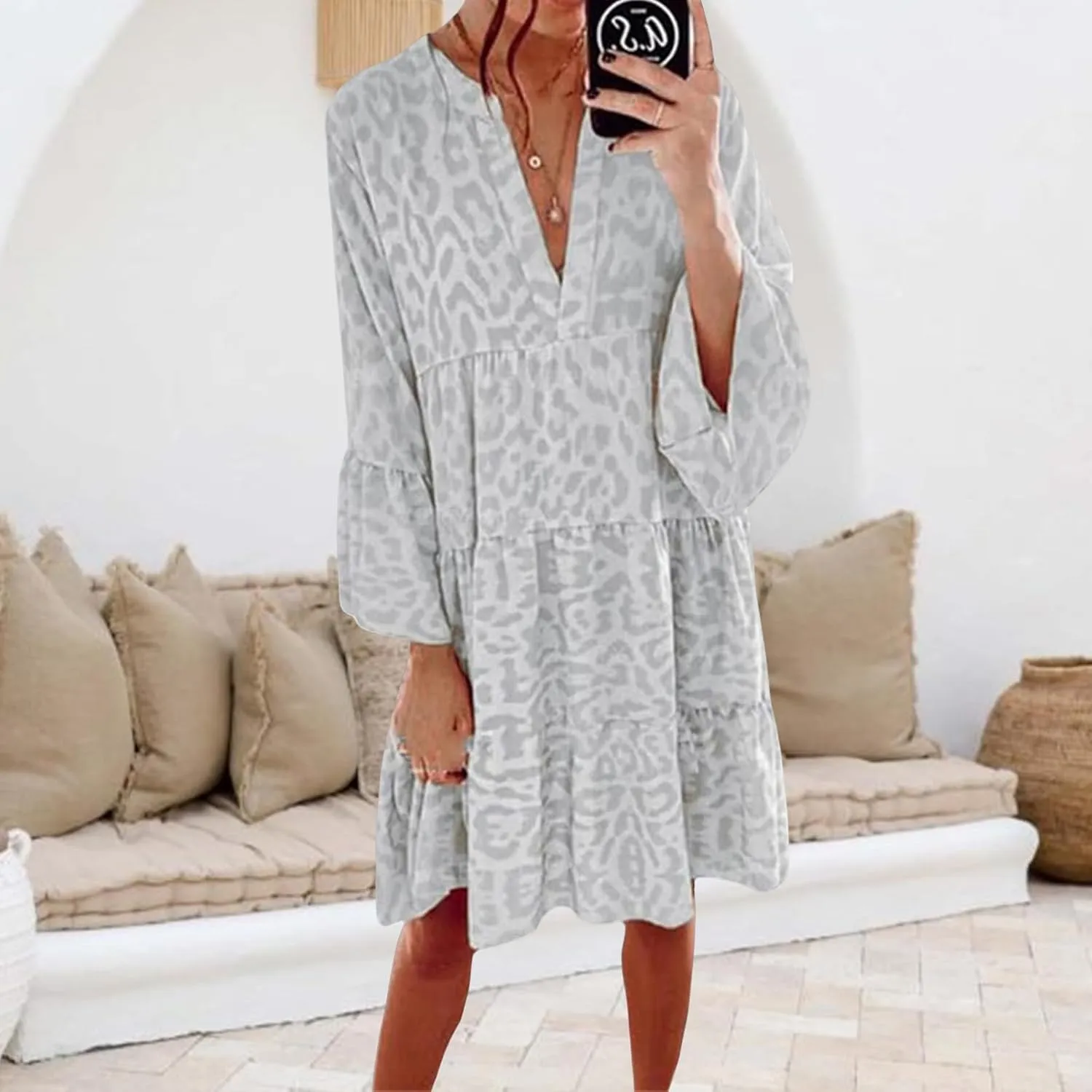 Womens Casual Dresses Print Puff Long Sleeve V Neck Ruffle A Line Dress Bohemian Flowy Summer Beach Sundress