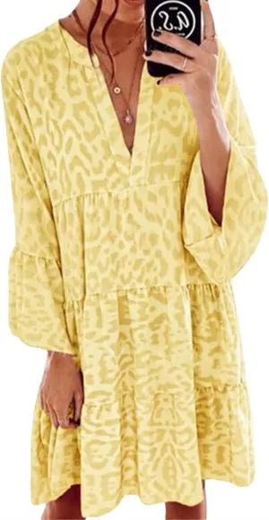 Womens Casual Dresses Print Puff Long Sleeve V Neck Ruffle A Line Dress Bohemian Flowy Summer Beach Sundress