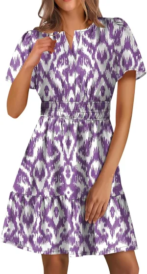 Women's Casual Dresses V Neck Short Sleeve Dress Summer High Waist Ruffle Mini Dresses A-Line Boho Vacation Dress