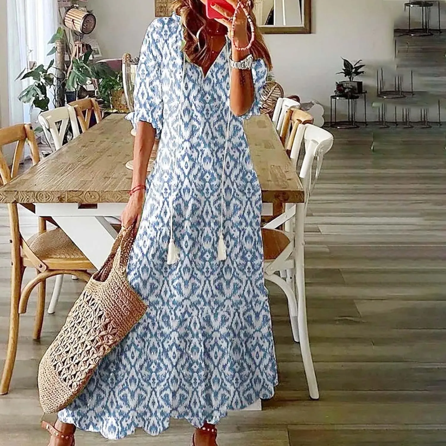 Women's Casual Loose Bohemian Floral Dresses 2024 3/4 Sleeve V Neck Ruffle A Line Flowy Summer Beach Dress