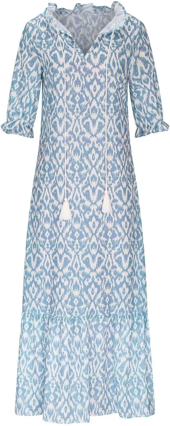Women's Casual Loose Bohemian Floral Dresses 2024 3/4 Sleeve V Neck Ruffle A Line Flowy Summer Beach Dress