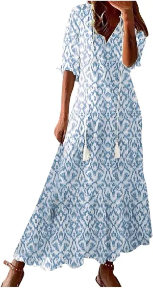 Women's Casual Loose Bohemian Floral Dresses 2024 3/4 Sleeve V Neck Ruffle A Line Flowy Summer Beach Dress