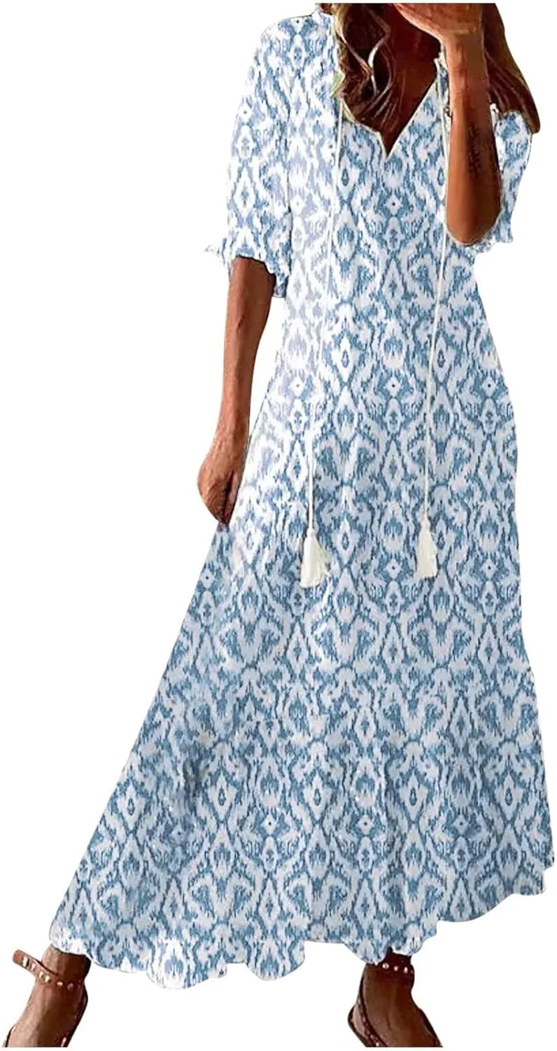 Women's Casual Loose Bohemian Floral Dresses 2024 3/4 Sleeve V Neck Ruffle A Line Flowy Summer Beach Dress