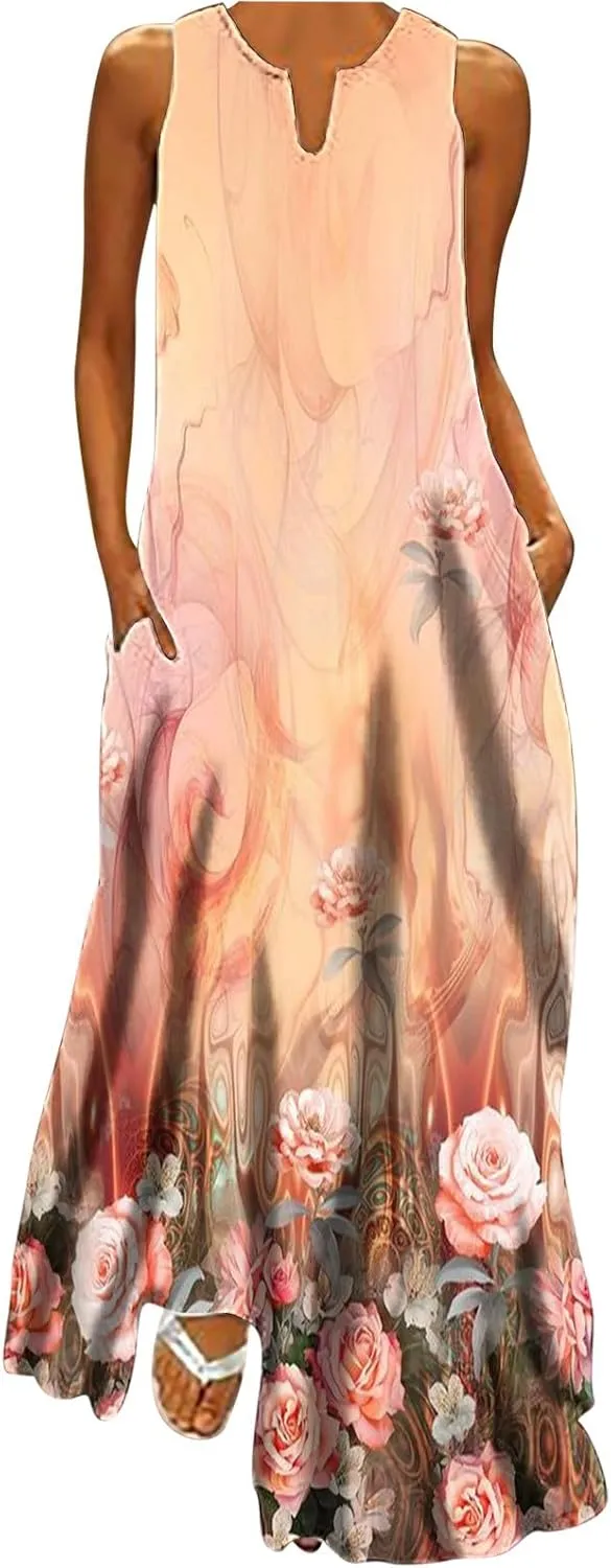 Womens Casual Loose Printed Tank Dress Summer Beach V-Neck Pocket Sundress Sleeveless Floor Length Dresses
