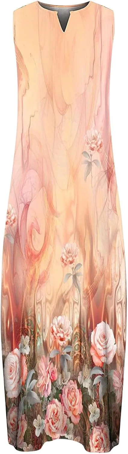 Womens Casual Loose Printed Tank Dress Summer Beach V-Neck Pocket Sundress Sleeveless Floor Length Dresses