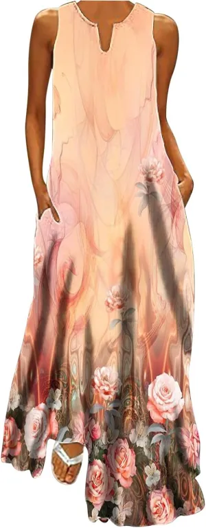 Womens Casual Loose Printed Tank Dress Summer Beach V-Neck Pocket Sundress Sleeveless Floor Length Dresses