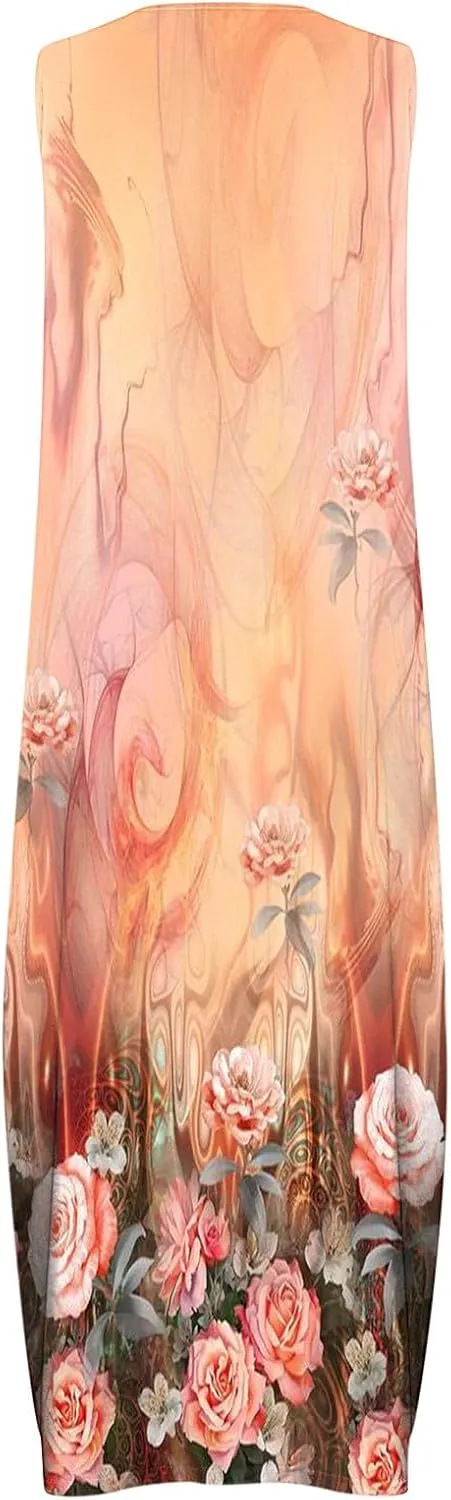 Womens Casual Loose Printed Tank Dress Summer Beach V-Neck Pocket Sundress Sleeveless Floor Length Dresses