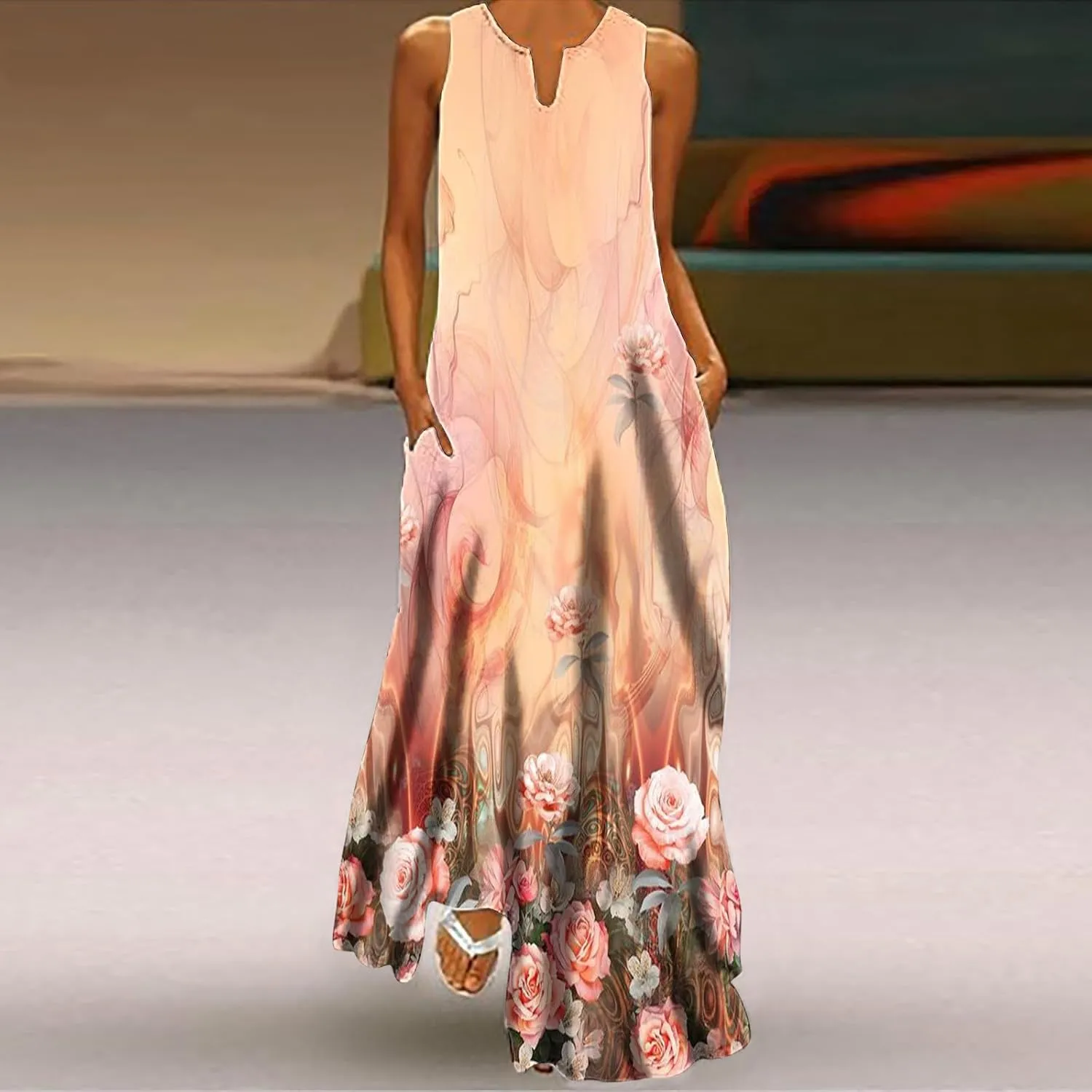 Womens Casual Loose Printed Tank Dress Summer Beach V-Neck Pocket Sundress Sleeveless Floor Length Dresses