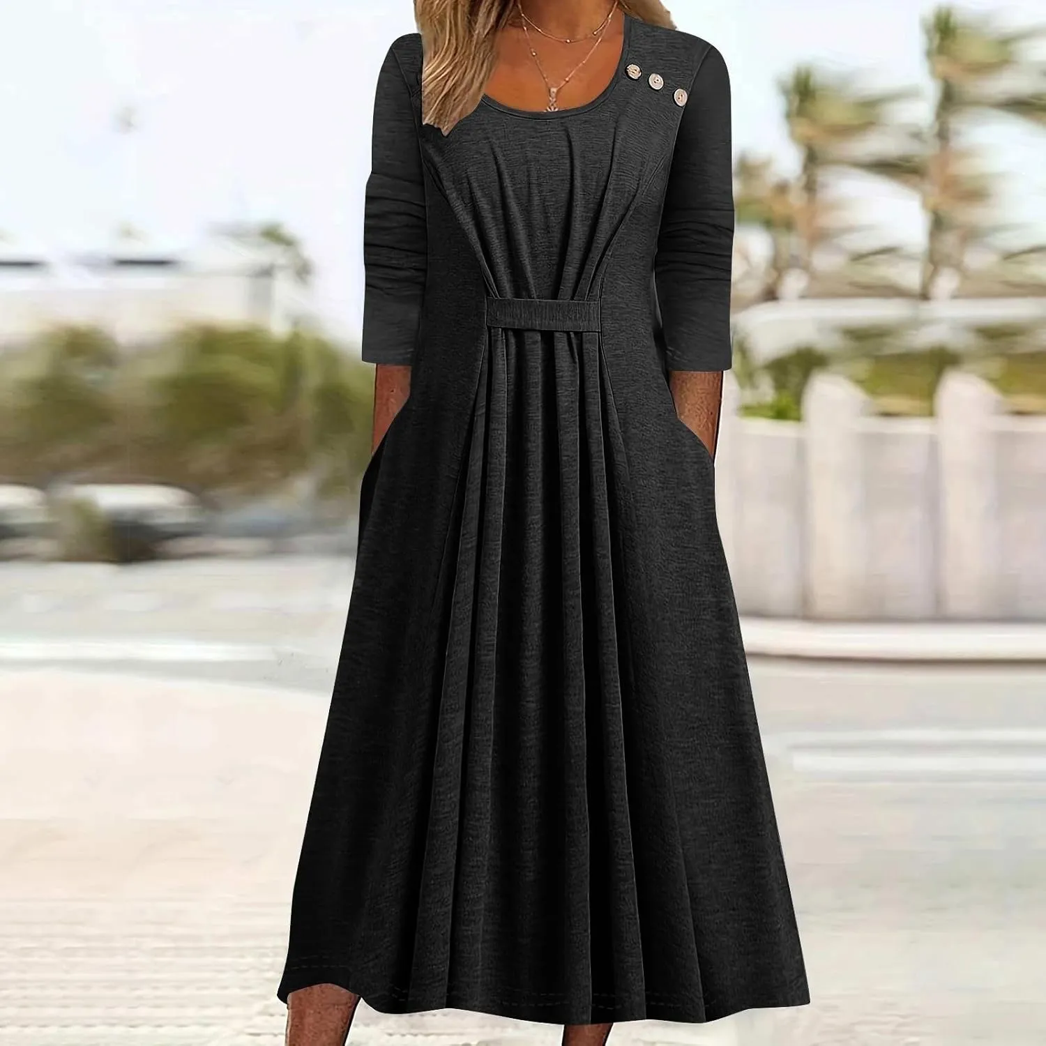 Women's Casual Midi Dress Front Pleated 3/4 Sleeve Dresses with Pocket, Ladies Dressy Knee Length Plain